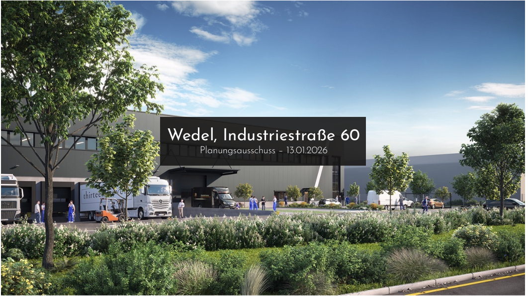 Visualisierung des geplanten Gewerbeprojekts Industriestraße 60 in Wedel mit Hallenbebauung, Lkw-Andienung, Bäumen und Grünstreifen, vorgestellt im Planungsausschuss am 13.01.2026.